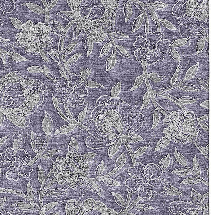 9' X 12' Floral Washable Area Rug With UV Protection - Eggplant And Gray