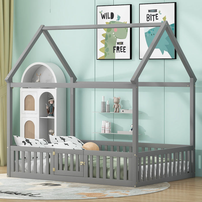 Giga wood house platform bed with fence and door, featuring a cozy, natural wooden design for children's bedroom decor