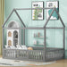 Giga wood house platform bed with fence and door, featuring a cozy, natural wooden design for children's bedroom decor