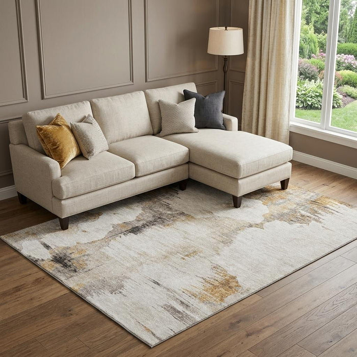 10' X 14' Abstract Washable Area Rug With UV Protection (657209) - Beige / Gray / Ivory