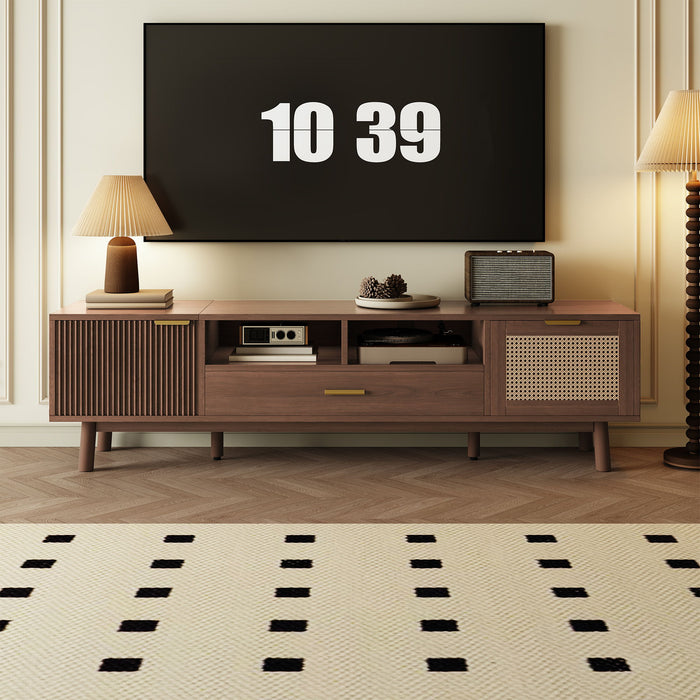 Giga dark brown TV stand for 75-inch TVs with soft closing doors, accents, and drop-down cabinet for modern living rooms.