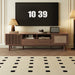 Giga dark brown TV stand for 75-inch TVs with soft closing doors, accents, and drop-down cabinet for modern living rooms.