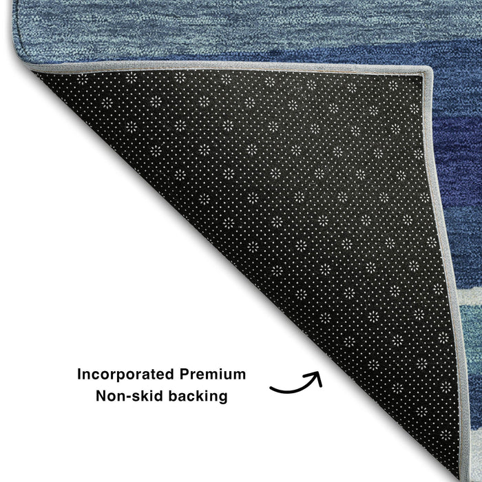 10' X 14' Striped Washable Area Rug With UV Protection (678508) - Navy Blue / Ivory / Gray