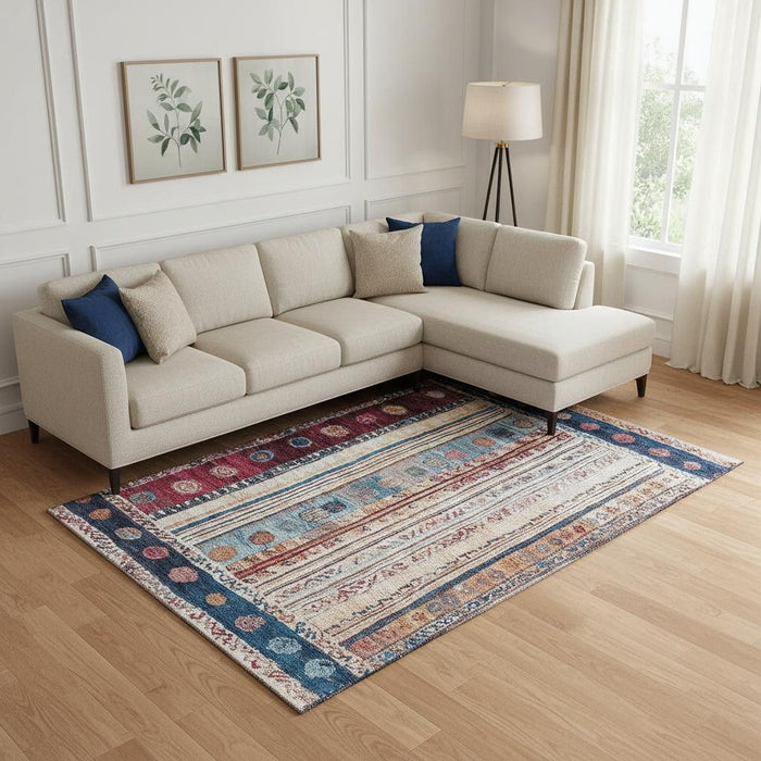 10' X 14' Striped Washable Area Rug With UV Protection (709540) - Navy Blue / Merlot / Ivory