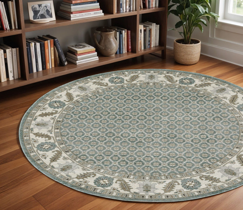 8' Oriental Round Rug - Blue And Ivory