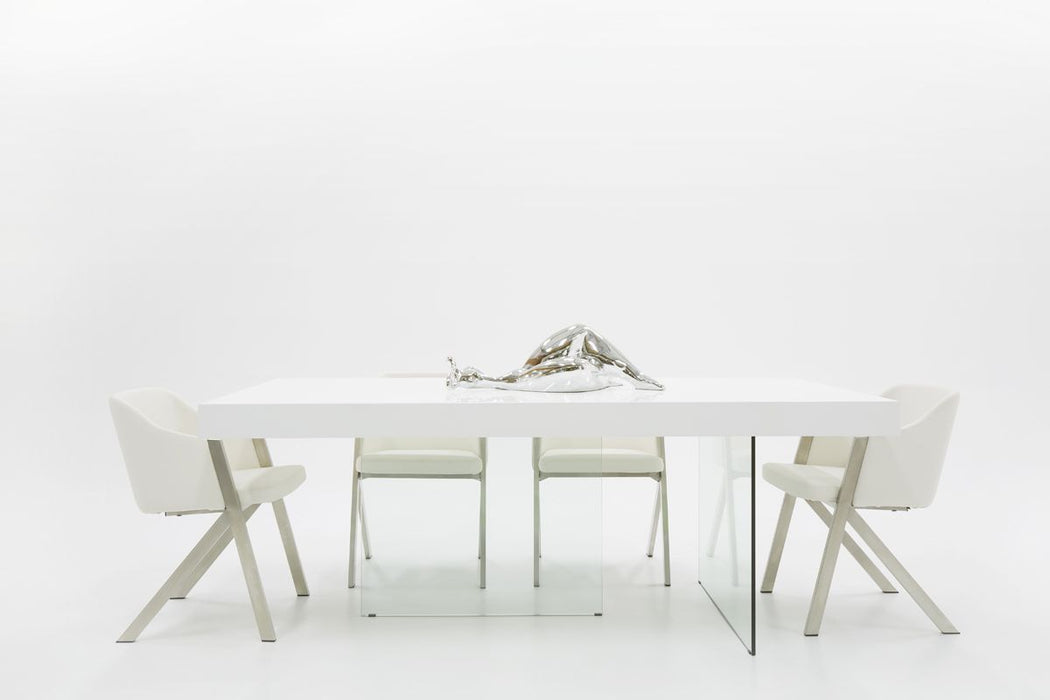 Wood Glass Trestle Base Dining Table - White / Clear