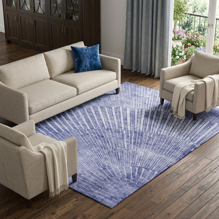 9' X 12' Geometric Washable Area Rug With UV Protection (648339) - Navy Blue / Ivory