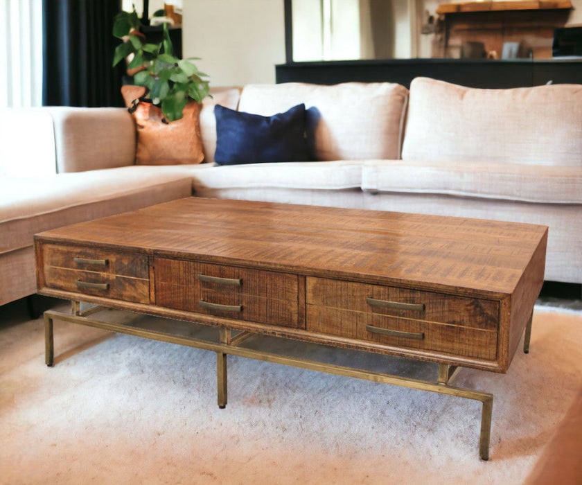Solid Wood Rectangular Distressed Storage Coffee Table - Brass And Brown