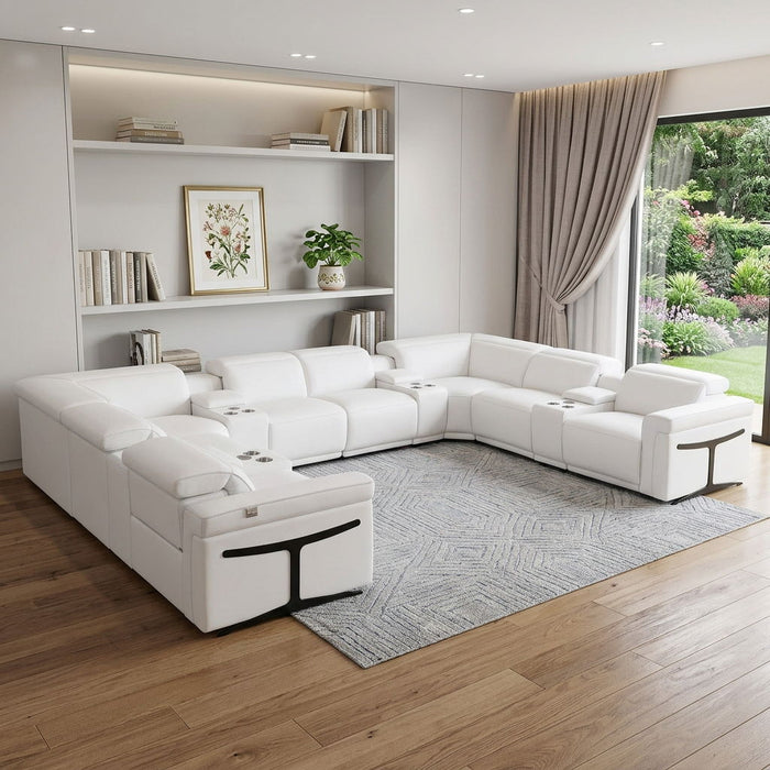Italian Leather Modular U Shaped Twelve Piece Corner Sectional With Console - White