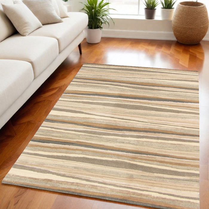 5' x 8' Wool Striped Hand Loomed Area Rug - Beige And Brown