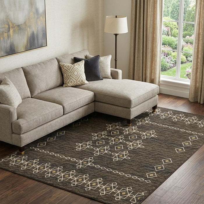 8' X 10' Tribal Washable Area Rug With UV Protection (644818) - Brown / Ivory / Gold