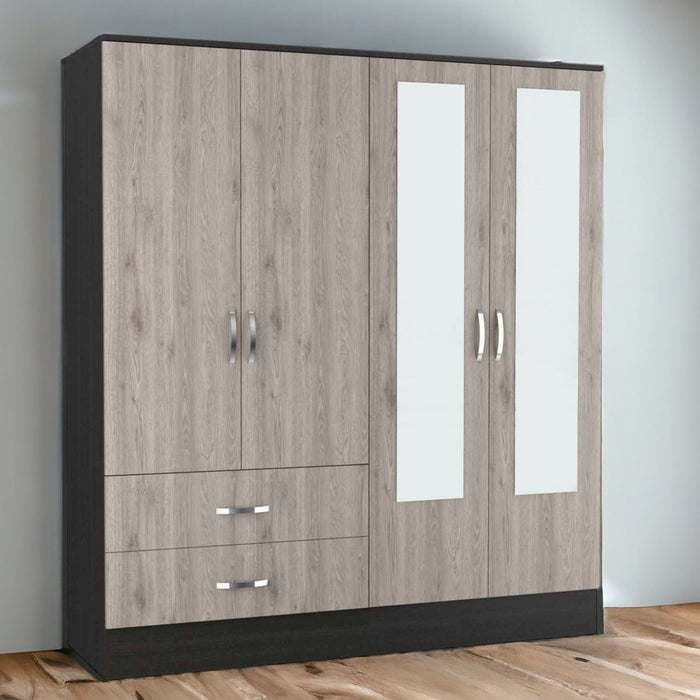 Four Door Wardrobe Closet With Mirrors - Light Oak / Black