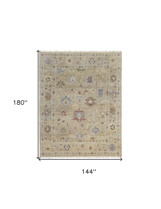 12' x 15' Wool Floral Hand Knotted Area Rug With Fringe - Tan Brown And Blue