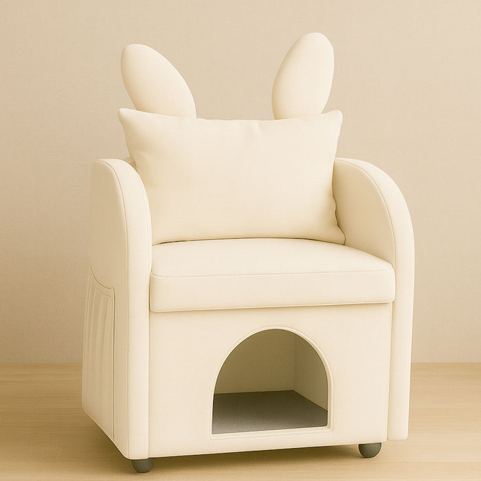 Giga beige bunny ear pet-friendly armchair with hidden pet house and storage pocket, ideal for bedroom or living room.