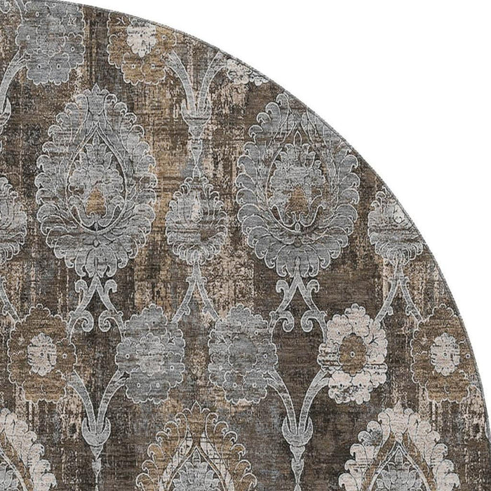 8' Damask Washable Round Rug With UV Protection - Chocolate