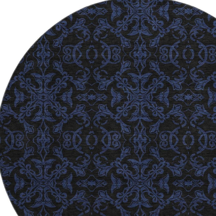 8' Medallion Washable Round Rug With UV Protection - Blue / Charcoal