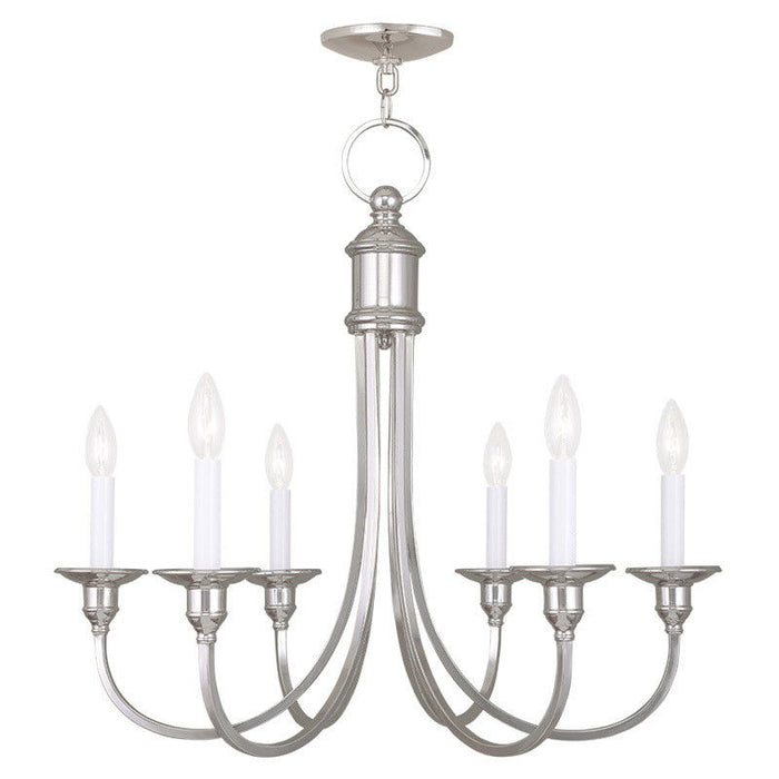 HomeRoots 23-inch six-light metal chandelier with shades in nickel finish, featuring dimmable lighting and modern design.