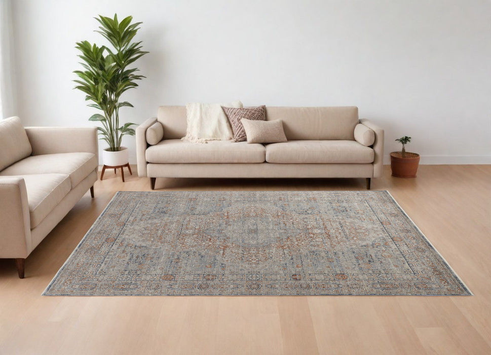 7' x 10' Oriental Power Loom Worn Faded Area Rug With Fringe - Gray Ivory And Orange