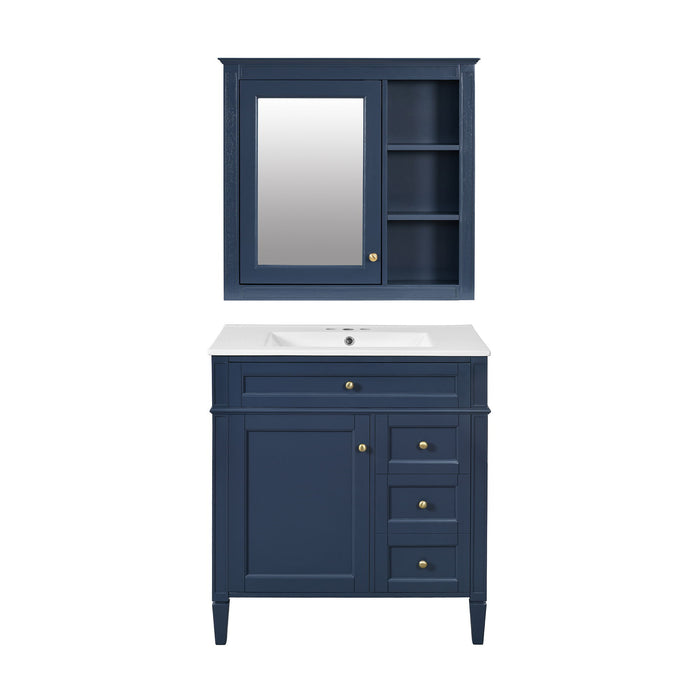 Giga bathroom vanity with top sink, two doors, three drawers, freestanding set, and mirror cabinet in a modern design.