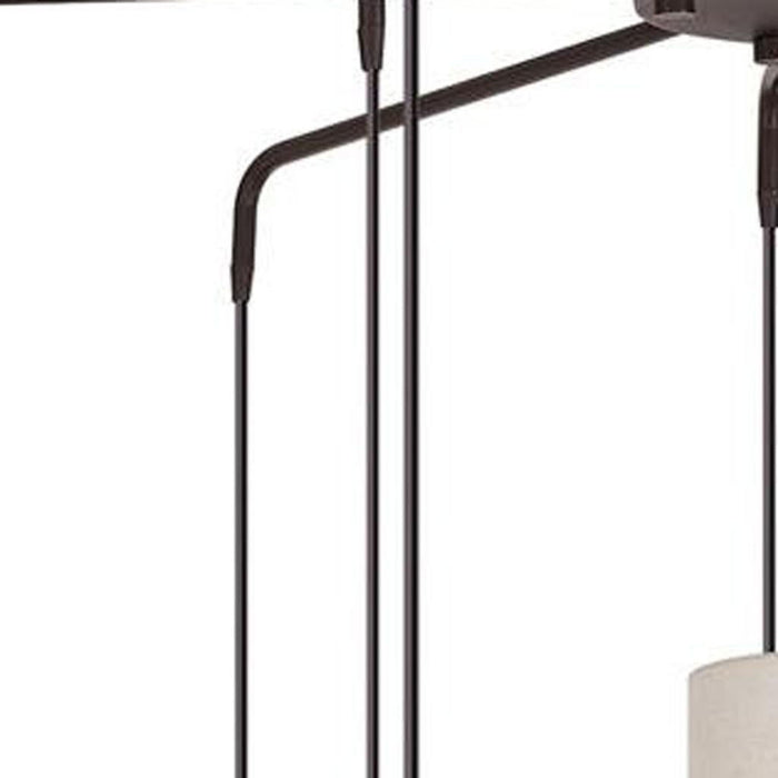 Nine-light bronze metal chandelier with cream fabric shades, dimmable, hanging fixture with elegant design and modern style.