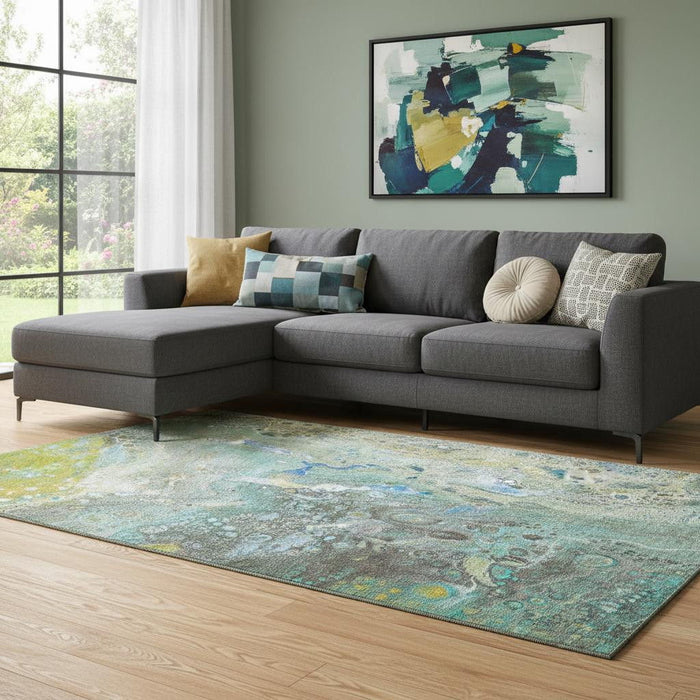 10' X 14' Abstract Washable Area Rug With UV Protection (650440) - Teal / Gold / Gray