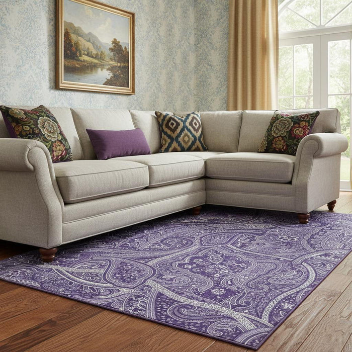 10' X 14' Paisley Washable Area Rug With UV Protection (652665) - Purple / Ivory