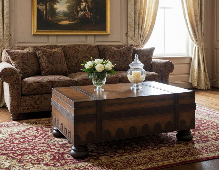 Light brown Old World vintage style map coffee table by HomeRoots, showcasing a detailed, antique-inspired map design.