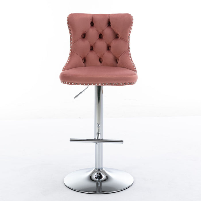 Set of two Giga modern upholstered swivel barstools with tufted backs, adjustable height 25-33 inches, for home pub or kitchen island.