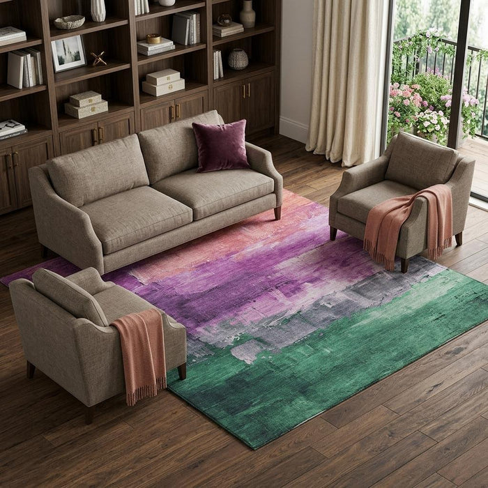 10' X 14' Abstract Washable Area Rug With UV Protection (693936) - Purple / Emerald / Coral