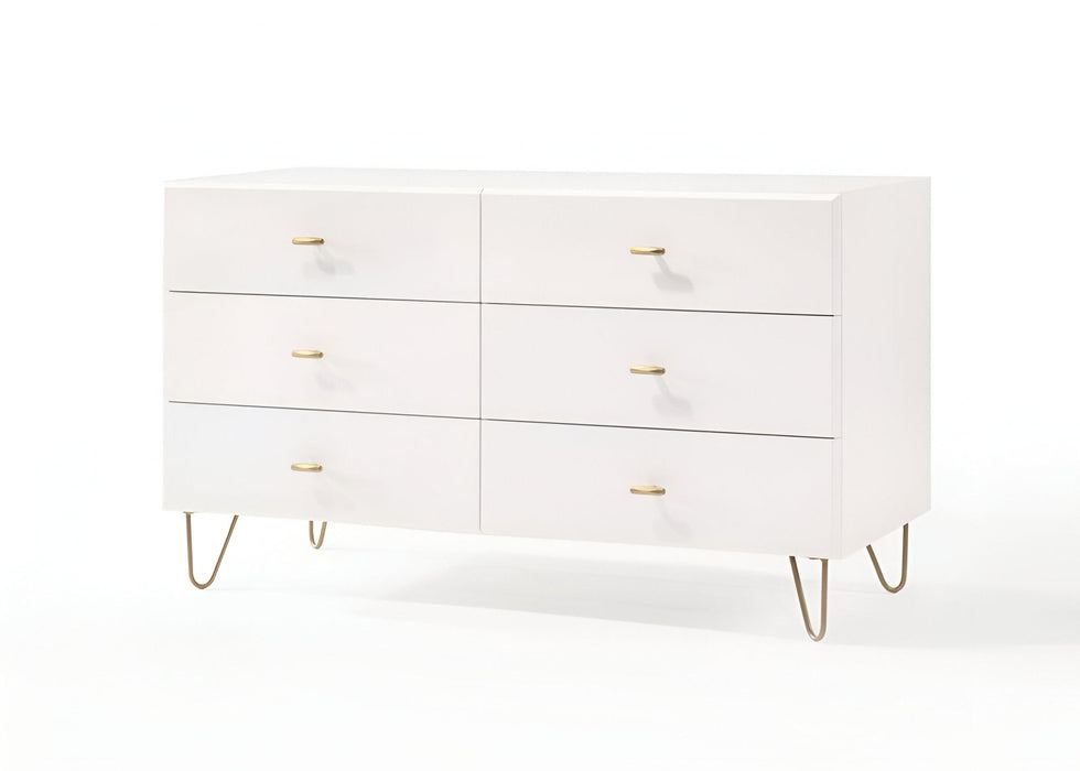Six Drawer Wood Double Dresser - White