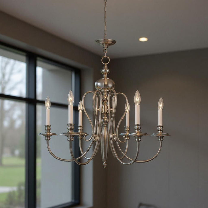 HomeRoots 24-inch six-light dimmable chandelier with shades in nickel and pearl silver finish, showcasing elegant lighting design.