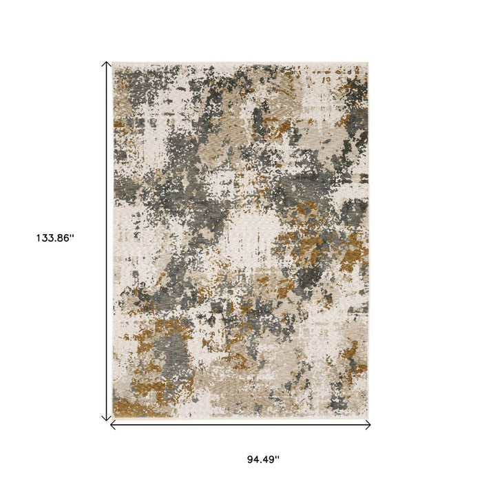 8' X 11' Abstract Distressed Area Rug With Fringe - Beige And Gray
