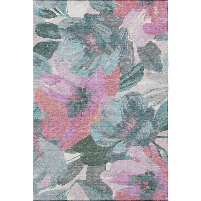 10' X 14' Floral Washable Area Rug With UV Protection (694014) - Teal / Blush / Ivory