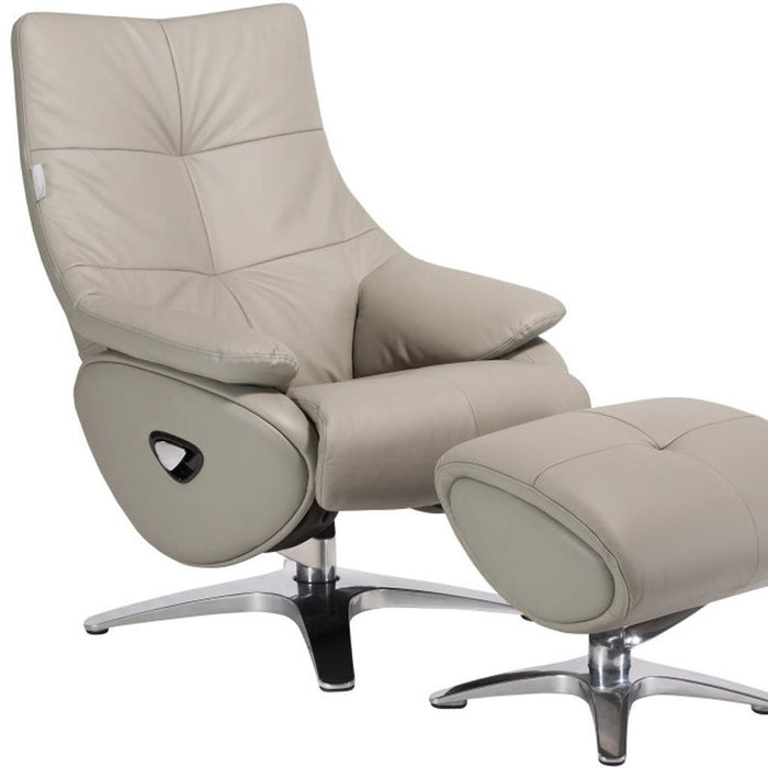 Gray genuine leather Tufted swivel recliner with matching Ottoman by HomeRoots, showcasing plush cushioning and modern design.