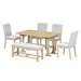 Giga Topmax 6-piece farmhouse extendable dining table set with trestle base, removable leaf, upholstered chairs, and matching bench.