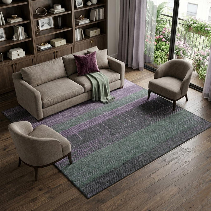 10' X 14' Striped Washable Area Rug With UV Protection (694490) - Purple / Olive Green