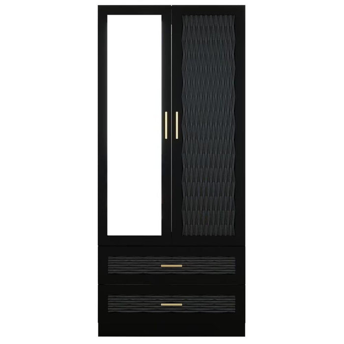 71" Carved Geometric And Mirro Two Door Two Drawer Combo Dresser - Black