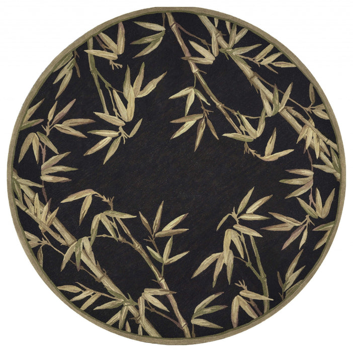 8' Hand Tufted Bordered Tropical Bamboo Round Indoor Area Rug - Black