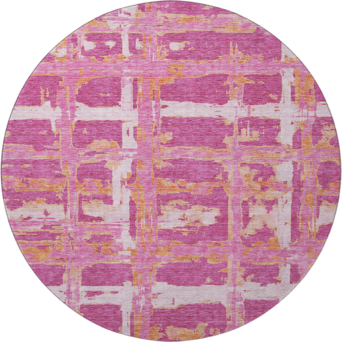 8' Transitional Striped Washable Round Rug With UV Protection - Blush