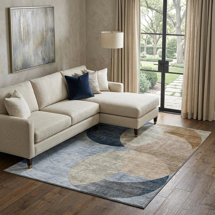10' X 14' Geometric Washable Area Rug With UV Protection (686300) - Sky Blue / Brown / Beige