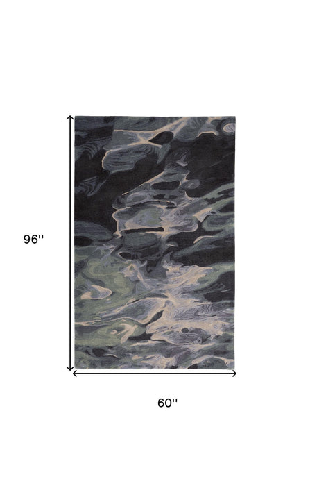 5' x 8' Wool Abstract Hand Tufted Area Rug - Blue And Black