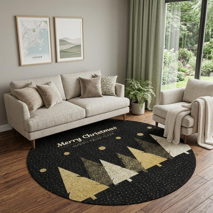 8' Christmas Tree Washable Round Rug With UV Protection (646466) - Black / Gold / Ivory