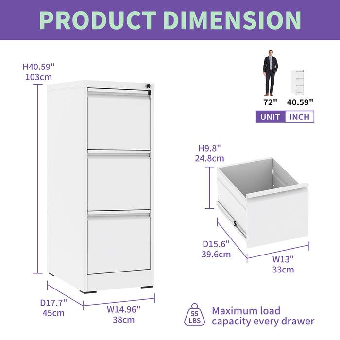 Giga steel vertical file cabinet with lock, designed for A4, legal, and letter size documents, featuring multiple drawers for secure storage.