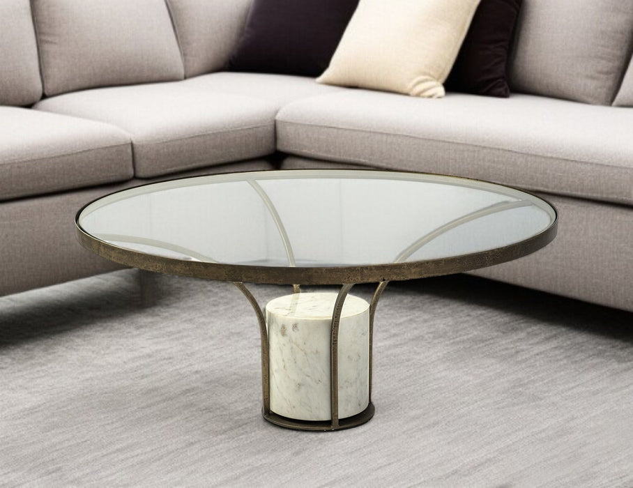 Glass And Stone Round Coffee Table - Clear And White And Gold
