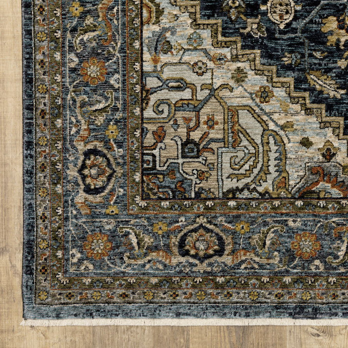 10' x 13' Oriental Power Loom Stain Resistant Area Rug With Fringe - Blue Taupe Gray Green Rust Tan Beige And Gold