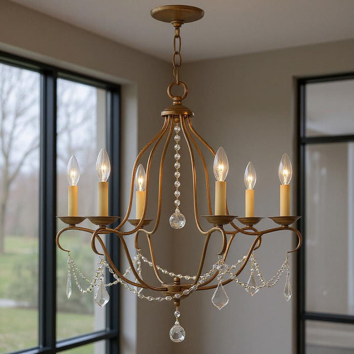 26-inch antique gold six-light chandelier with shades, dimmable, featuring elegant metal frame and fabric shades for stylish lighting.