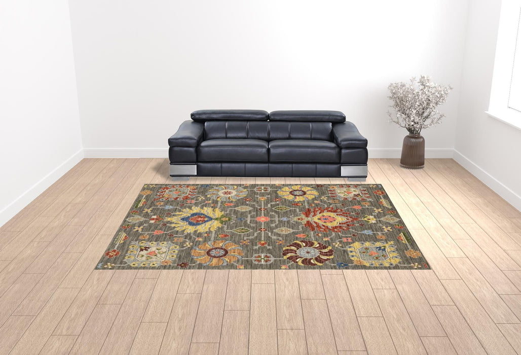 10' x 13' Oriental Power Loom Stain Resistant Area Rug With Fringe - Gray Charcoal Yellow Blue Rust Red Pink Green And Ivory