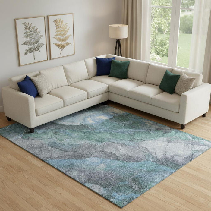 10' X 14' Floral Washable Area Rug With UV Protection (701377) - Blue / Green / Gray