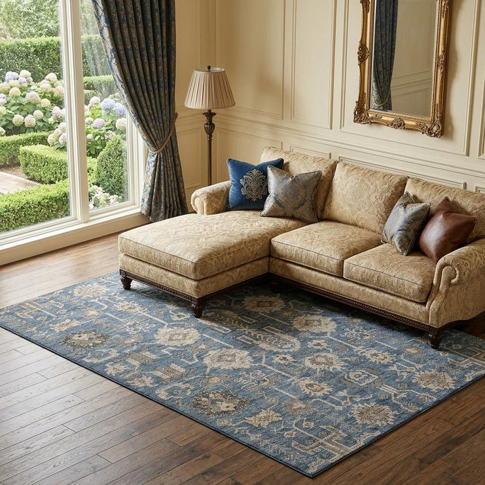 10' X 14' Oriental Washable Area Rug With UV Protection (656651) - Navy Blue / Beige / Charcoal