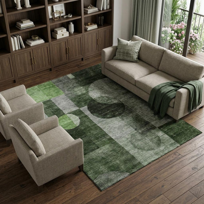 10' X 14' Geometric Washable Area Rug With UV Protection (684714) - Fern Green / Gray / Silver